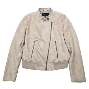 Banana Republic Faux Suede Moto Jacket Petite Small‎ Beige Asymmetrical Zip